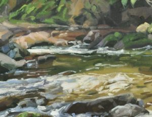Rivière à l'ombre de la falaise, huile sur toile, 162 x 108 cm, 2024