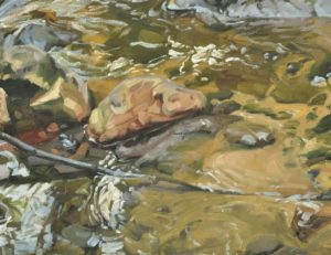 Rivière à l'ombre de la falaise, huile sur toile, 162 x 108 cm, 2024