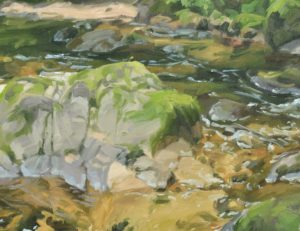 Rivière à l'ombre de la falaise, huile sur toile, 162 x 108 cm, 2024
