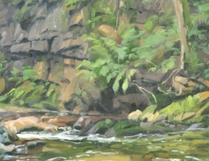 Rivière à l'ombre de la falaise, huile sur toile, 162 x 108 cm, 2024