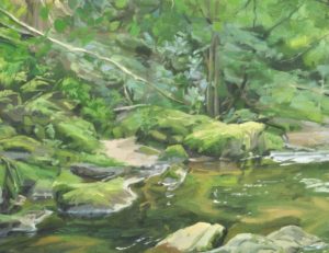 Rivière au cœur de la forêt, huile sur toile, 89 x 130 cm, 2024