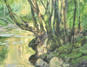 Rivière au cœur de la forêt, huile sur toile, 89 x 130 cm, 2024