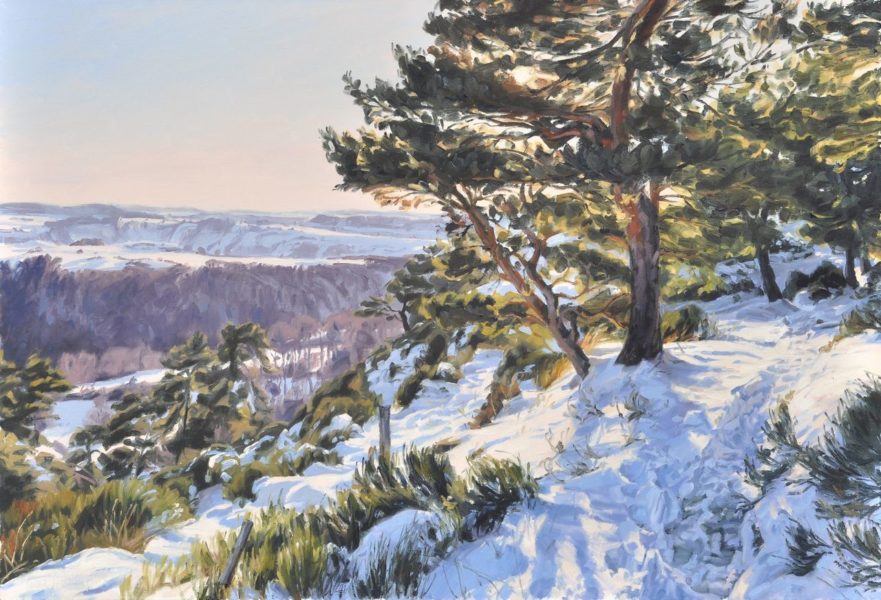 Coucher de soleil sur les monts enneigés, huile sur toile, 89 x 130 cm, 2024