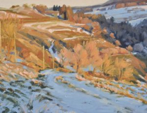 Neige sur le massif du Mézenc, soleil couchant, huile sur toile, 106,68 x 76,2 cm, 2024