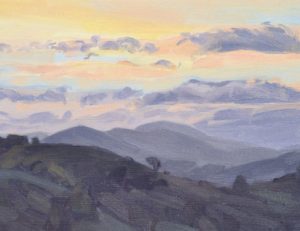 Quatorze novembre, lever de soleil sur les monts, huile sur toile, 41 x 60 cm, 2023