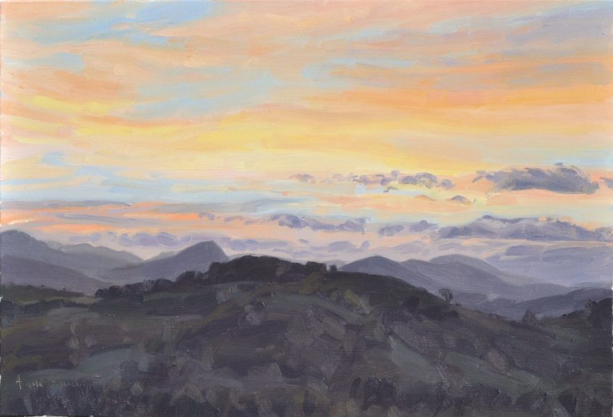 Quatorze novembre, lever de soleil sur les monts, huile sur toile, 41 x 60 cm, 2023