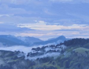 Vingt-deux juin, brumes matinales sur les monts, huile sur toile, 41 x 60 cm, 2023, 