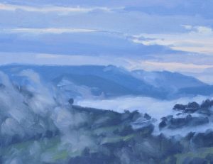 Vingt-deux juin, brumes matinales sur les monts, huile sur toile, 41 x 60 cm, 2023, 