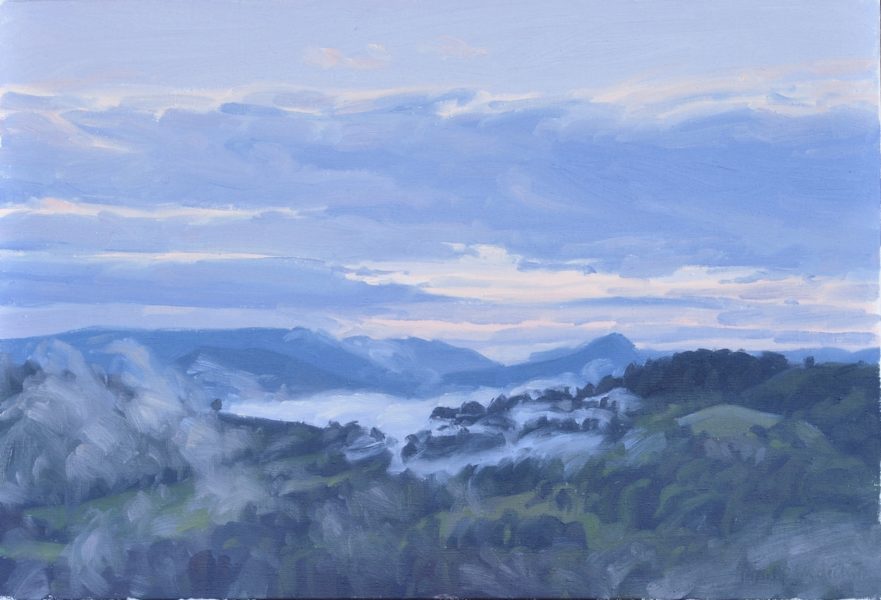 Vingt-deux juin, brumes matinales sur les monts, huile sur toile, 41 x 60 cm, 2023, 