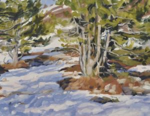 Pins sur le Mont Mézenc enneigé, huile sur toile, 60 x 92 cm, 2025