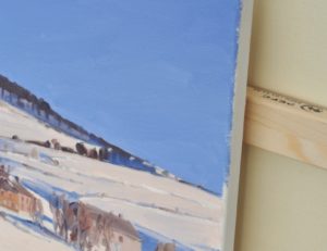 Fermes enneigées au pied du Mont Alambre, huile sur toile, 60 x 92 cm, 2025