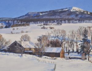 Fermes enneigées au pied du Mont Alambre, huile sur toile, 60 x 92 cm, 2025