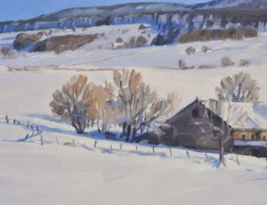 Fermes enneigées au pied du Mont Alambre, huile sur toile, 60 x 92 cm, 2025