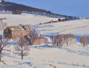 Fermes enneigées au pied du Mont Alambre, huile sur toile, 60 x 92 cm, 2025