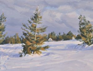 Mont Mézenc enneigé, nuages du soir, 81 x 130 cm, 2025