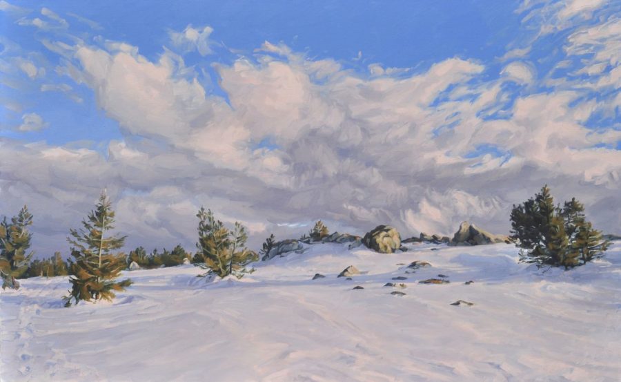 Mont Mézenc enneigé, nuages du soir, 81 x 130 cm, 2025