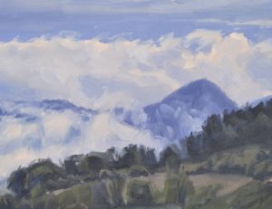 Les Roches de Mariol dans la brume, lumière du matin, huile sur toile, 89 x 130 cm, 2025