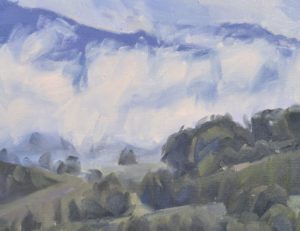 Les Roches de Mariol dans la brume, lumière du matin, huile sur toile, 89 x 130 cm, 2025