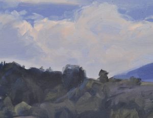 Les Roches de Mariol dans la brume, lumière du matin, huile sur toile, 89 x 130 cm, 2025