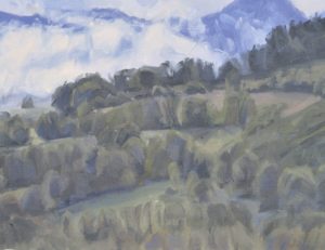Les Roches de Mariol dans la brume, lumière du matin, huile sur toile, 89 x 130 cm, 2025