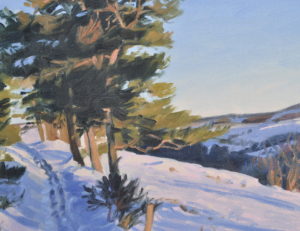 Chemin enneigé sur le Massif du Mézenc, huile sur toile, 60 x 92 cm, 2025