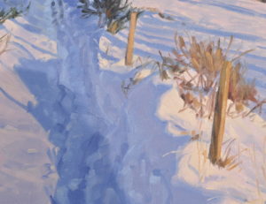 Chemin enneigé sur le Massif du Mézenc, huile sur toile, 60 x 92 cm, 2025