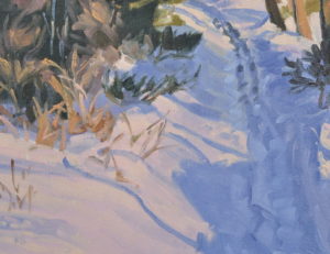 Chemin enneigé sur le Massif du Mézenc, huile sur toile, 60 x 92 cm, 2025