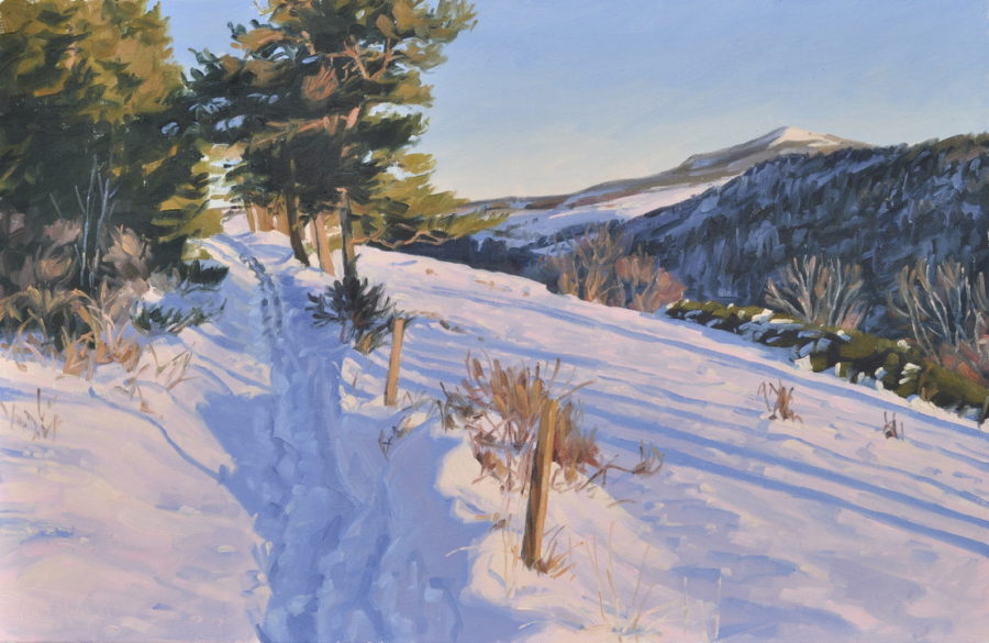 Chemin enneigé sur le Massif du Mézenc, huile sur toile, 60 x 92 cm, 2025
