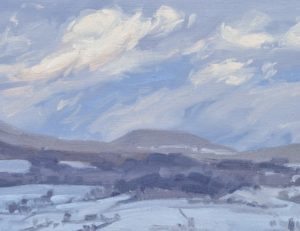 Vingt janvier, neige, lever de soleil, huile sur toile, 38 x 61 cm, 2024