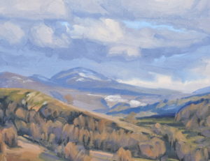 Trente janvier, nuages du soir sur les Roches de Mariol, huile sur toile, 89 x 130 cm, 2026