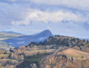 Trente janvier, nuages du soir sur les Roches de Mariol, huile sur toile, 89 x 130 cm, 2026