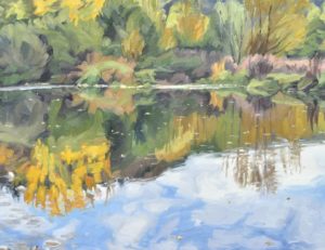 Seize octobre, reflets sur la Loire, huile sur toile, 89 x 130 cm, 2023