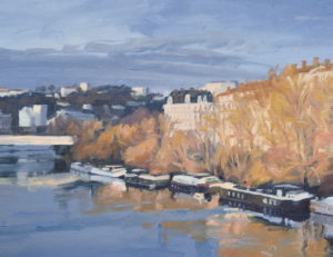Dix janvier, reflets sur le Rhône, huile sur toile, 60 x 60 cm, 2026