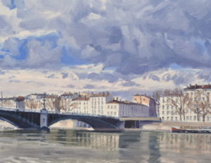 Six février, nuages sur le Rhône, pont de l'Université, huile sur toile, 60 x 92 cm, 2026