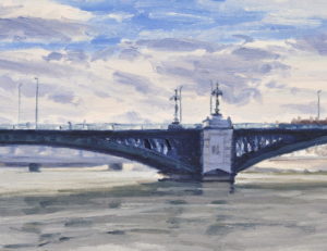 Six février, nuages sur le Rhône, pont de l'Université, huile sur toile, 60 x 92 cm, 2026