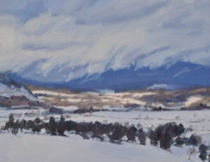 Lumière du soir sur le massif du Mézenc, huile sur toile, 89 x 130 cm, 2026