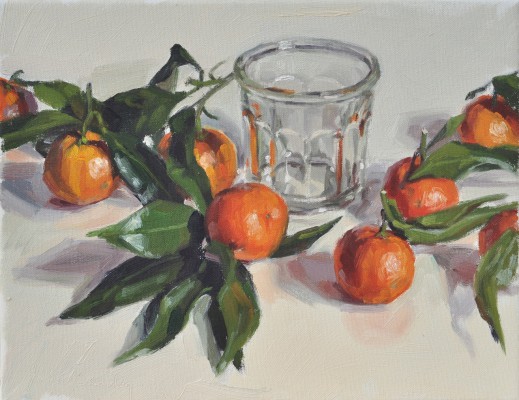 Clémentines avec feuilles et vieux pot à confiture, huile sur toile, 27x35cm, 2016, collection privée USA