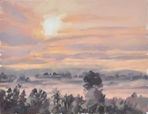 onze juin, gorges de la Loire, brumes au soleil levant, huile sur toile, 50x65cm, 2016, collection privée FR