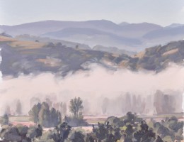 vingt-trois juin, Gorges de la Loire, brumes matinales, huile sur toile, 80x80cm, 2016, collection privée, USA