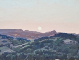 Dix-neuf juillet, Roche de Mariol, lune au soleil couchant, huile sur toile, 50x73cm, 2016