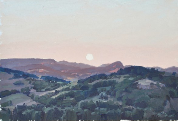 Dix-neuf juillet, Roche de Mariol, lune au soleil couchant, huile sur toile, 50x73cm, 2016