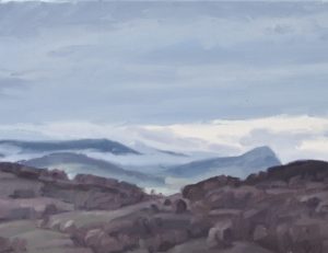 vingt-cinq octobre, Roches de Mariol, brumes du matin, huile sur toile, 40x80cm, 2016