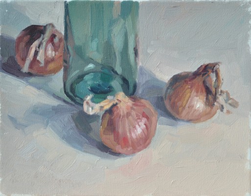 Oignons et pot de verre, huile sur toile, 27x35cm, 2016, collection privée UK
