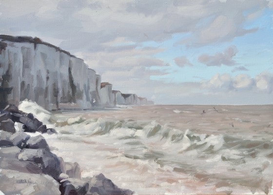 Falaises à Ault, marée haute, ciel gris, huile sur toile, 50x70cm, 2017