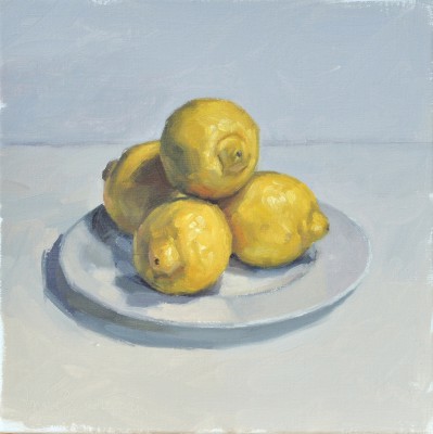 Citrons dans une assiette, huile sur toile, 30 x 30 cm, 2017, collection privée UK