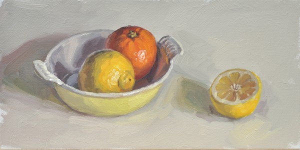 Citrons et orange dans un plat, huile sur toile, 20 x 40 cm, 2017, collection privée UK
