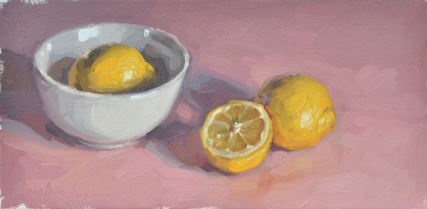 Citrons et bol blanc, fond rose, huile sur toile, 20x40cm, 2017