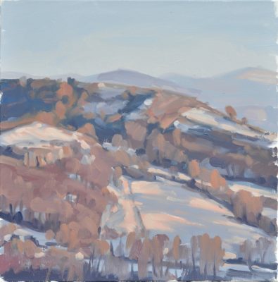 Premier janvier, les Roches de Mariol, lumière du soir, huile sur toile, 50x50cm, 2015