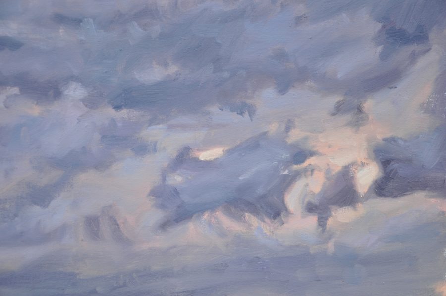 Quatre septembre, nuages sur les monts du Velay, huile sur toile, 150x200cm, 2017