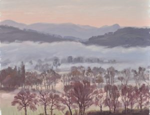 Cinq avril, vallée de la Loire, brumes au lever du jour, huile sur toile, 90x90cm, 2018, collection privée UK
